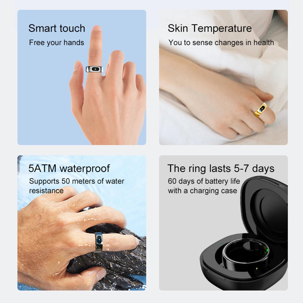 Smart Ring R08 Health and Sleep Monitor 5ATM Waterproof Sports Fitness Tracker with Charging Case for Xiaomi Samsung Phone