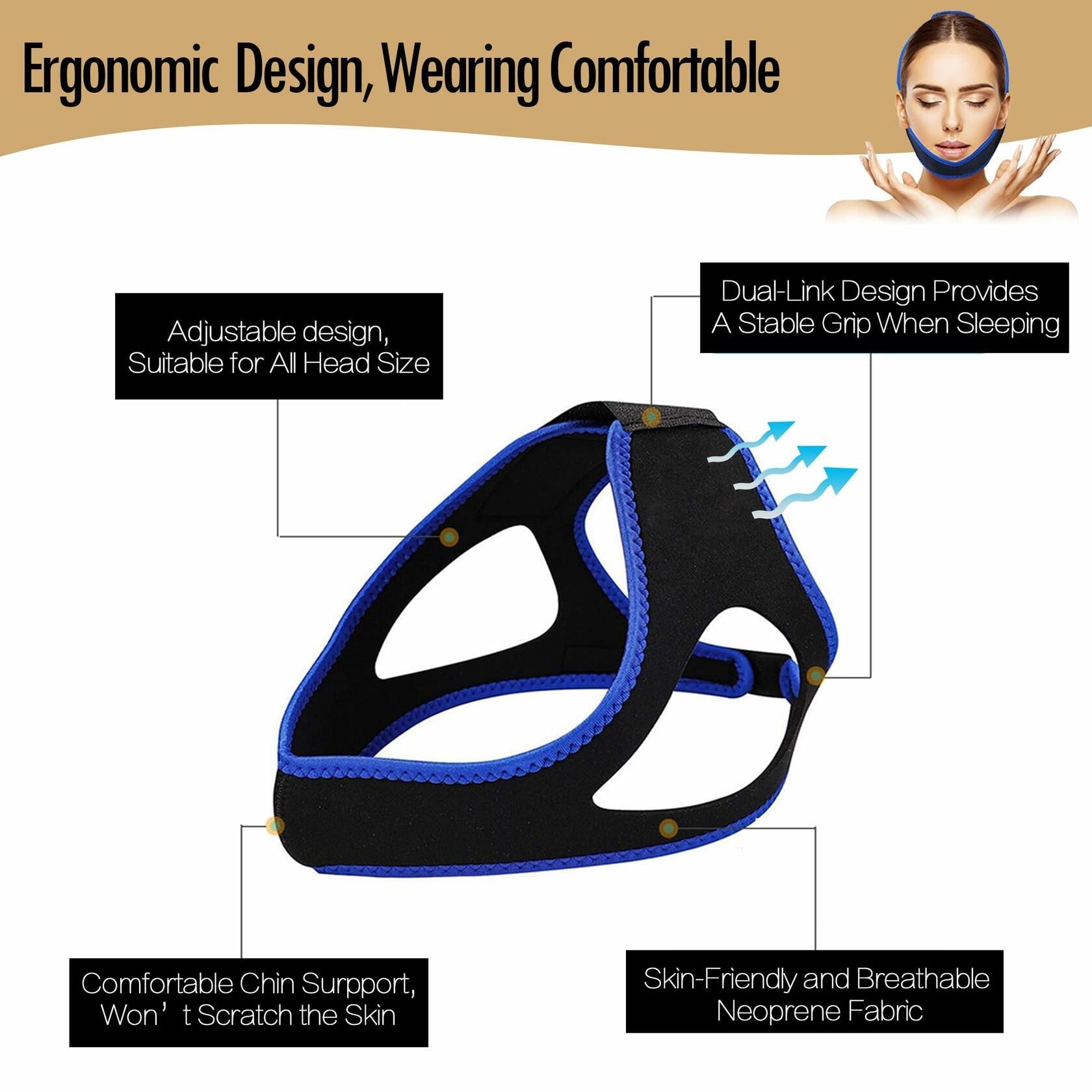 Nnewpeak Adjustable Anti Snoring Chin Strap Breathable Sleep Aid Blue