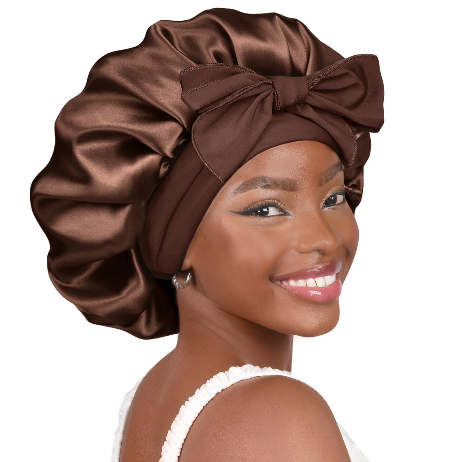YANIBEST Silk Bonnet for Sleeping Women Satin Bonnet Double Layer Satin Lined Hair Bonnet with Tie Band Curly Hair Blush Pink